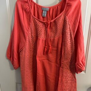 Catherines Vibrant Coral Top with Lace Accents